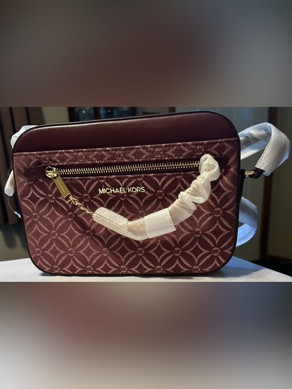 MICHAEL KORS Burgundy Patterned Crossbody with Gold Hardware